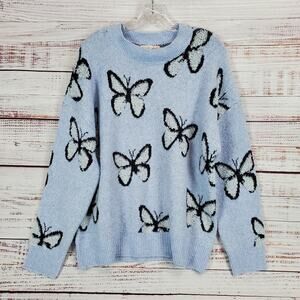 Hazel Moon Blue Black Butterfly Fuzzy High Pile Boho Sweater Cozy Coquette Fairy